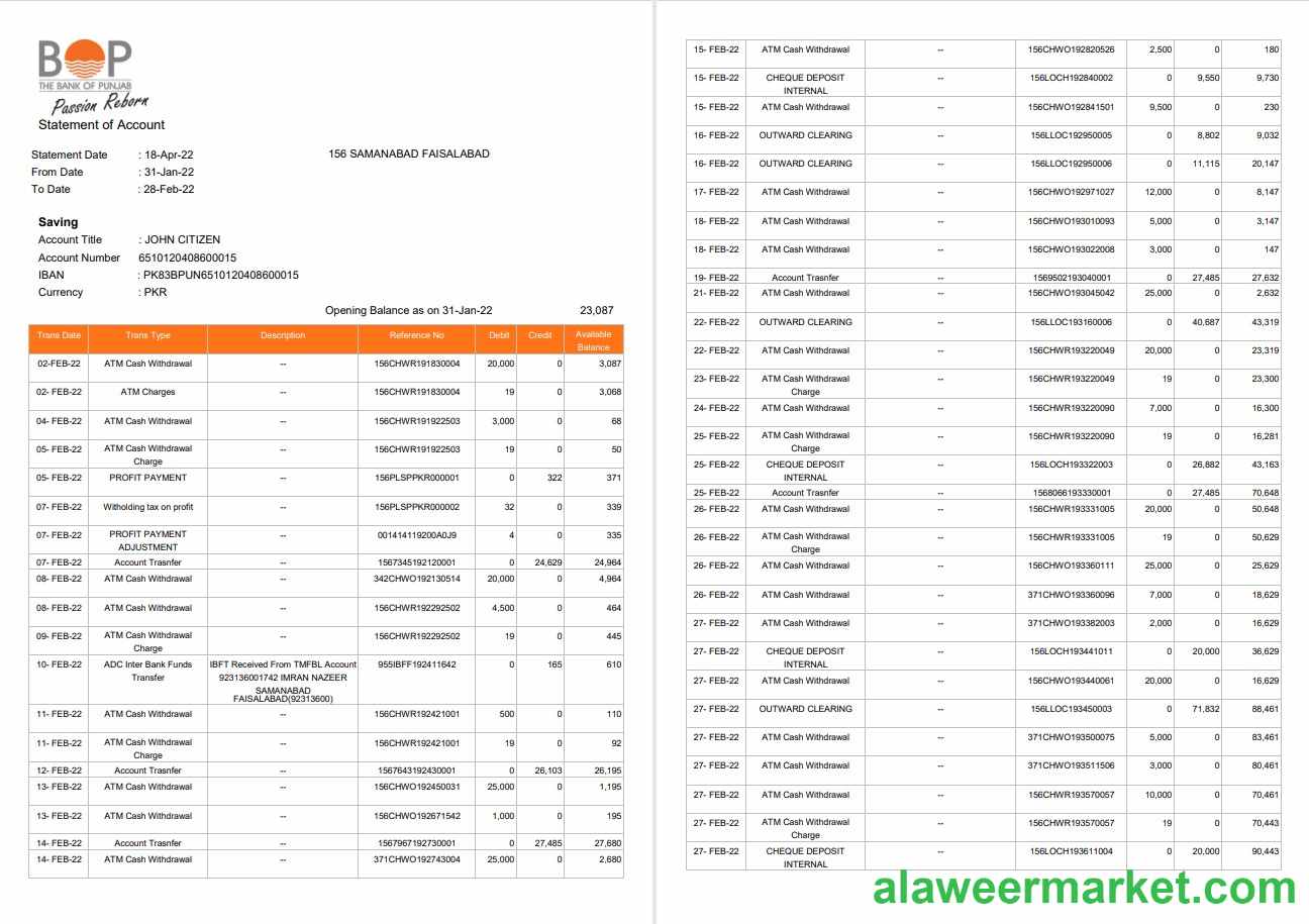 India The Bank of Punjab (BOP) account statement, 3 pages